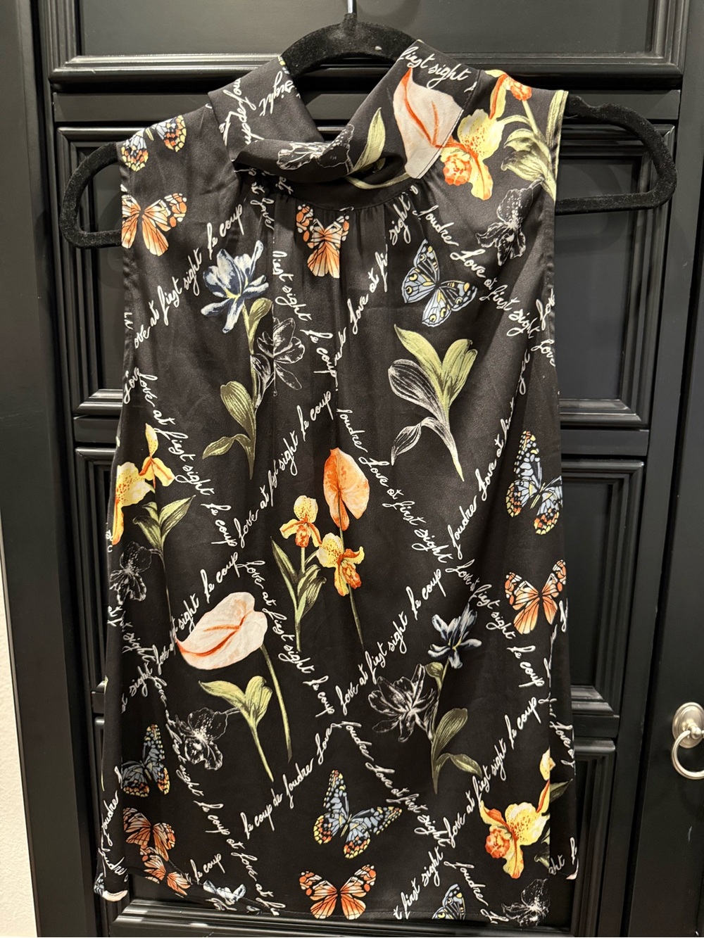 White House Black Market Black Sleeveless Floral & Butterfly top